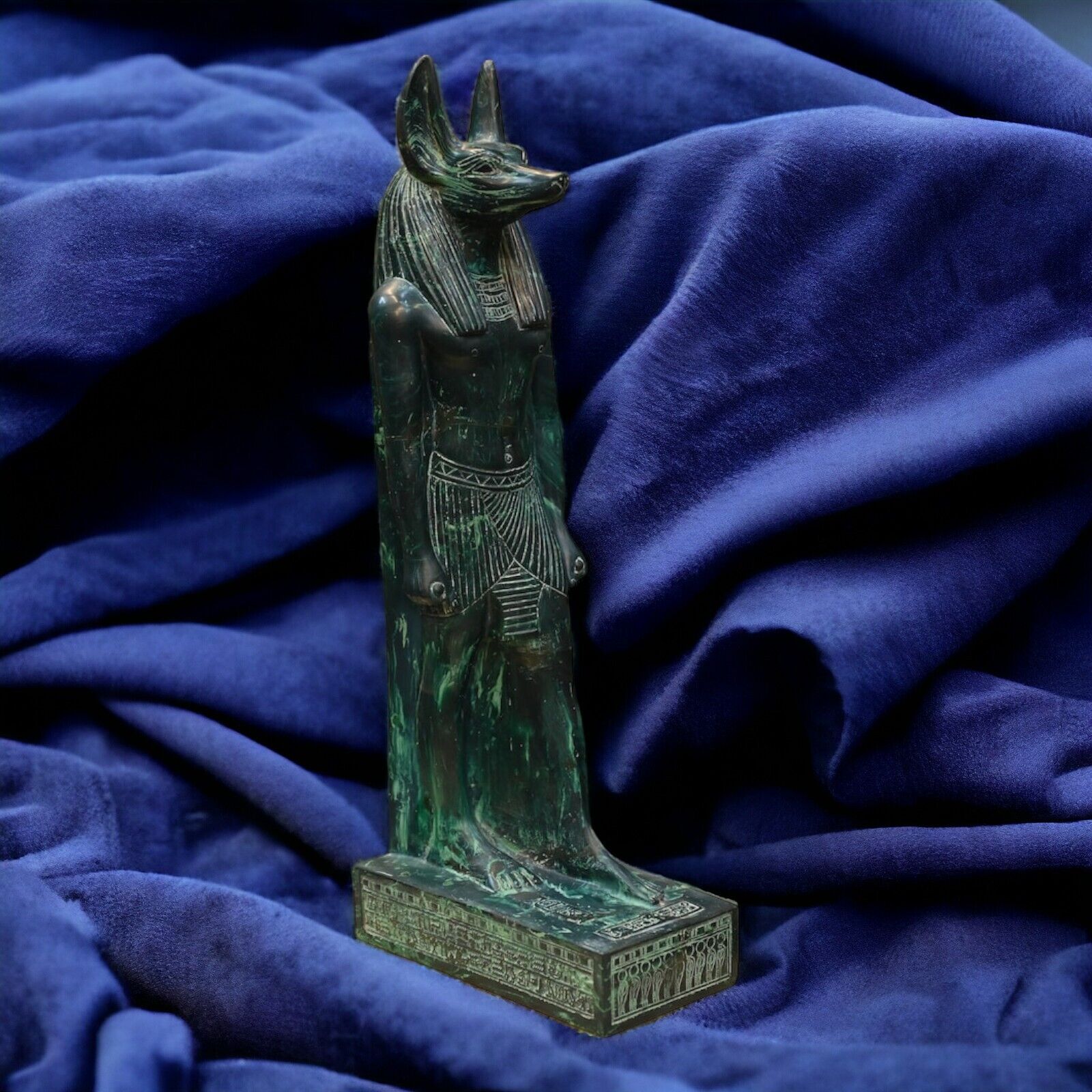 Authentic Anubis Statue, Handcrafted Green Malachite, Rare Egyptian Antique