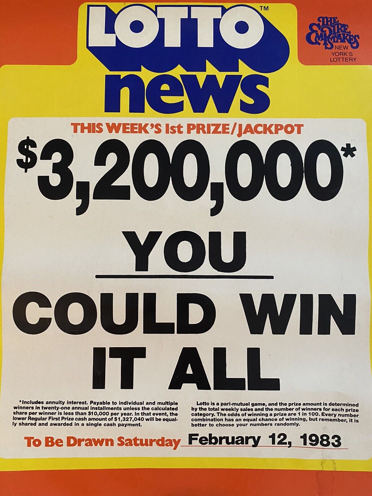 Vtg New York State Lottery sign February 12 1983 $3,200,000 Could win it All