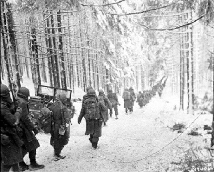 US Soldiers on snow covered road Battle of the Bulge 8x10 WWII WW2 Photo 505