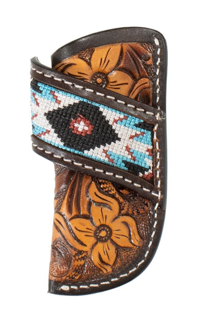 3D Knife Sheath Leather Embroidered Inlay Tooled Floral Brown D8401902