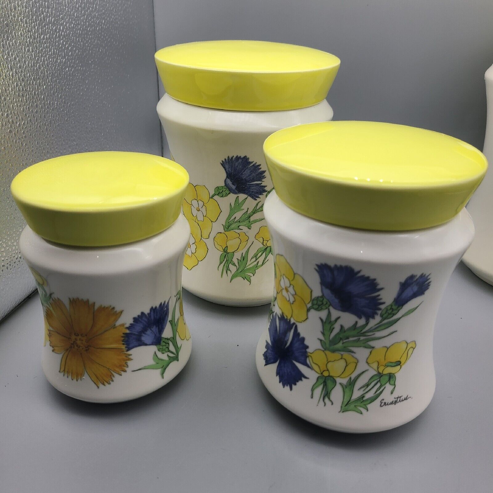 Set (3) Mid Century Italian Ernestine Salerno Floral Canisters Jars Ceramic 