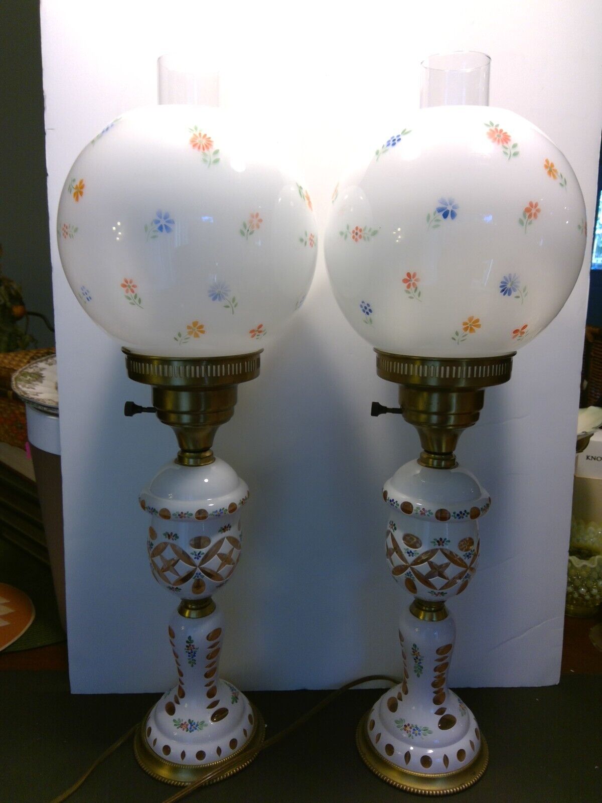 Vintage Pair of Bohemian White Cut to Peach/Pink Glass Lamps