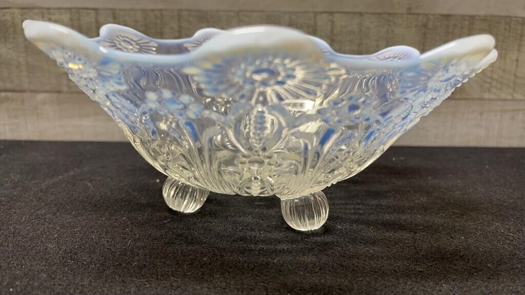 Ornate Embossed Blue Opalescent Footed Bowl 8.5\