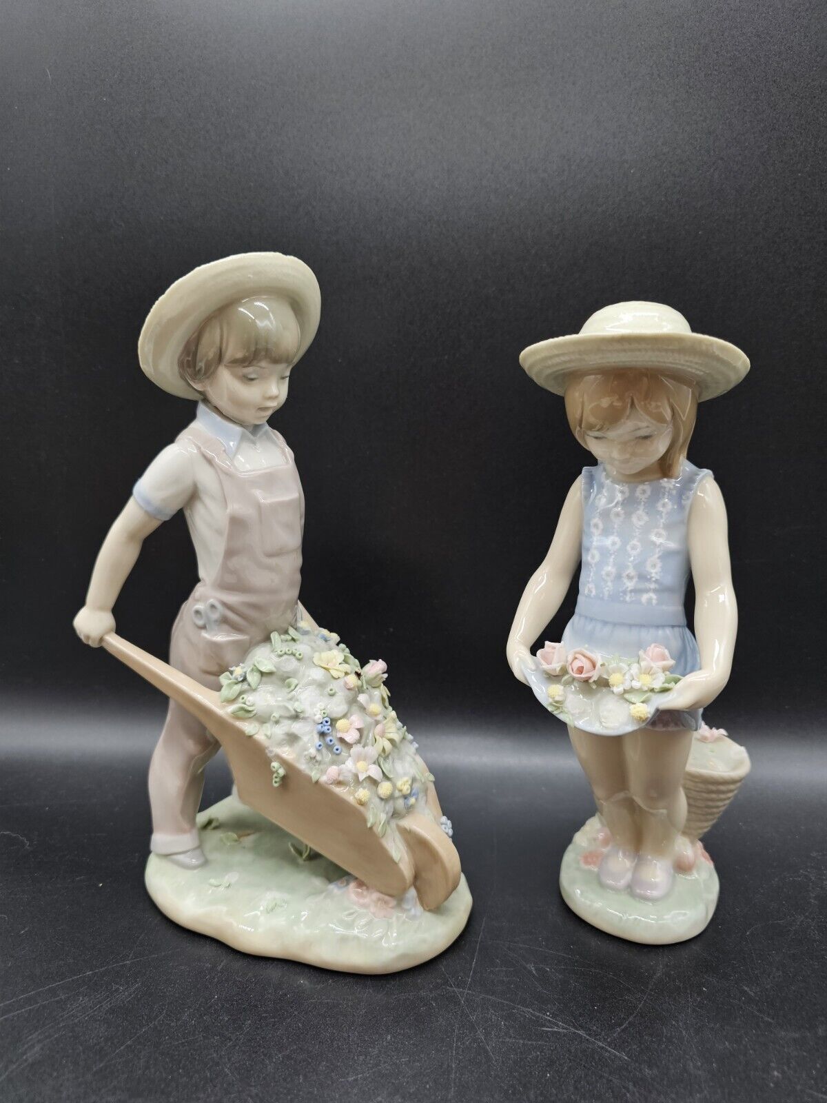 Lladro Porcelain Figures Boy With Wheelbarrel & Girl W_Flowers In Lap Vtg AS IS