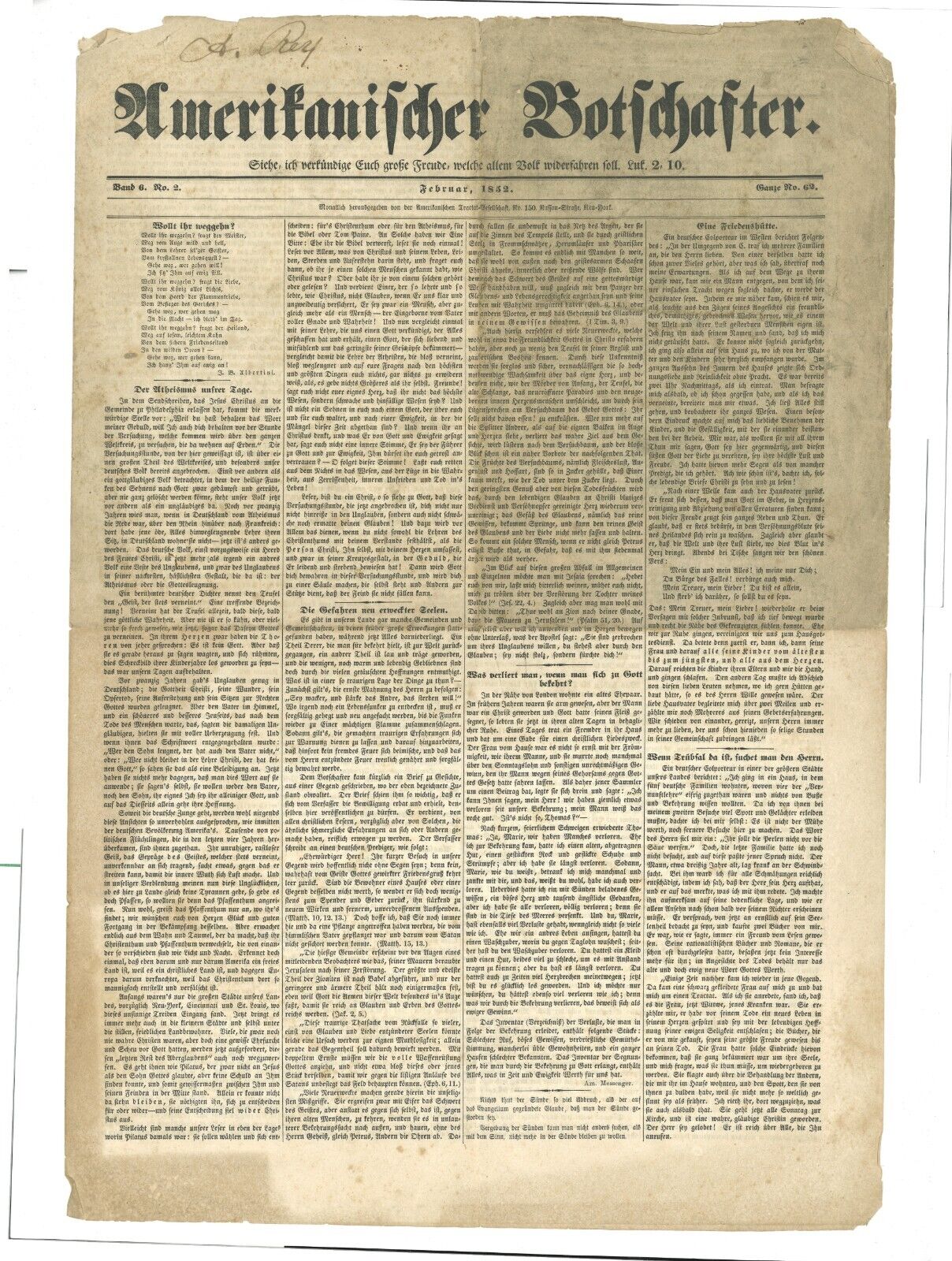 German Newspaper New York 1852