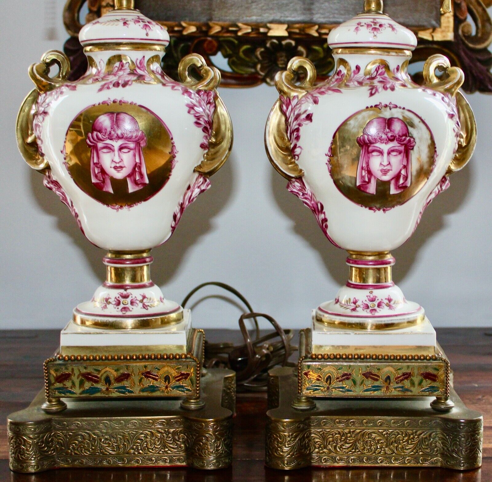 PAIR ANTIQUE FRENCH SEVRES STYLE LAMPS VASES “MEDUSA” CHAMPLEVE STANDS