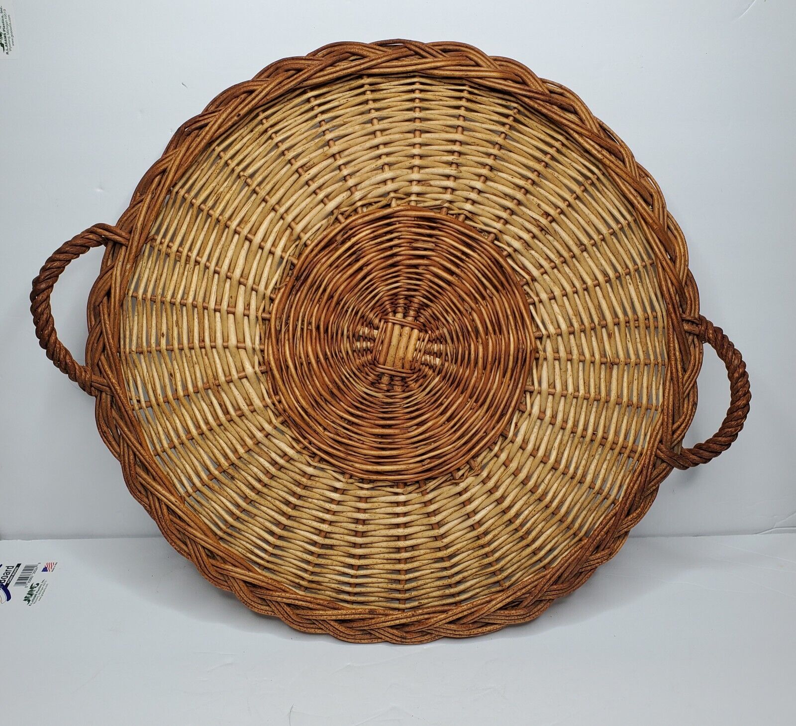 Vintage Rustic Wicker Rattan Basket Platter Tray w/ Handles Yugoslavia, 1970s