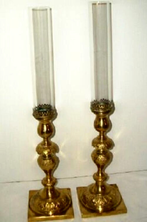 1870s BRONZE ALTAR SABBATH CANDLESTICKS GLASS HURRICANES NORBLIN & CO GALW PAIR