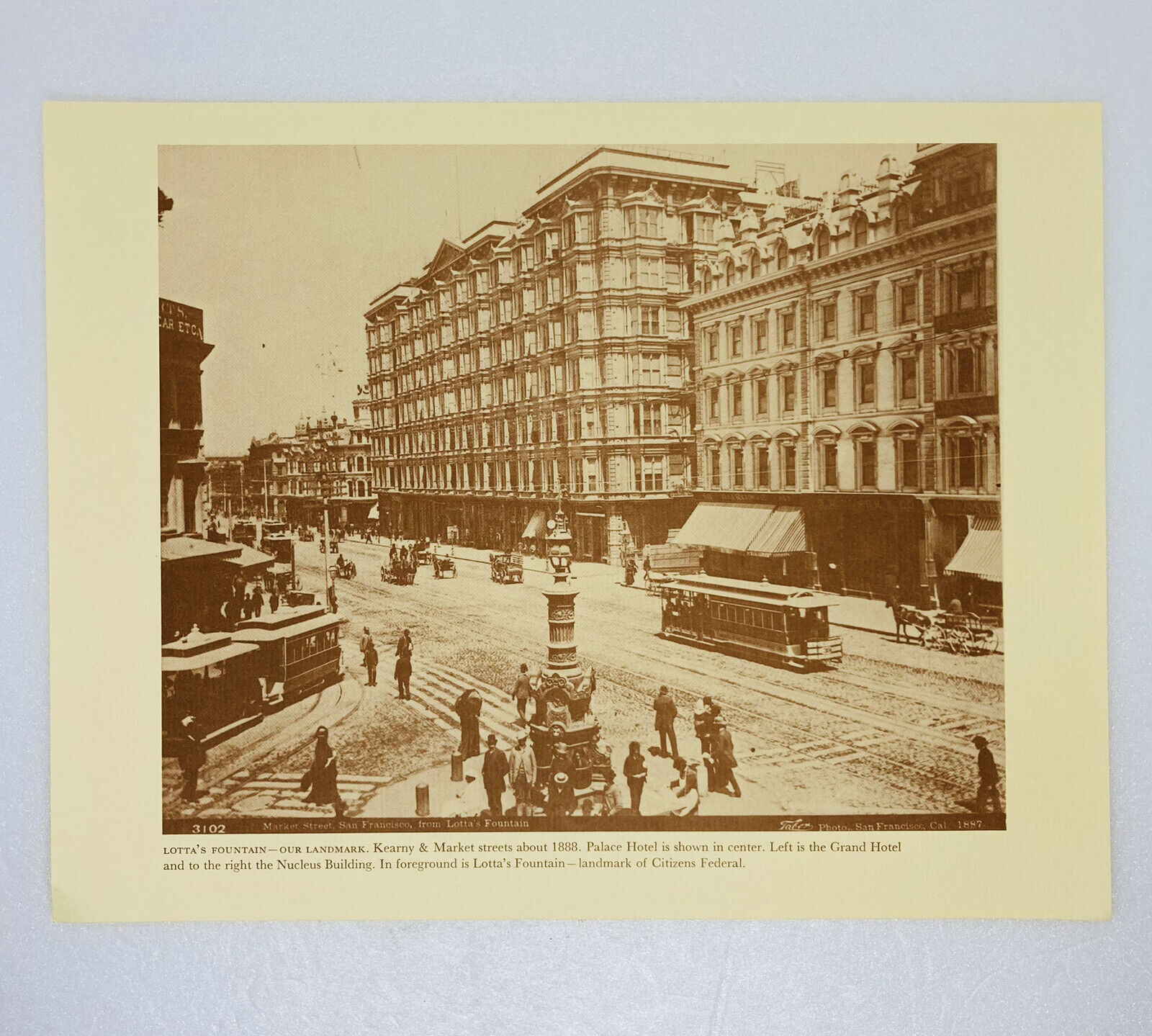 Vintage 1888 Photo San Francisco Kearny & Market St Palace Hotel Cable Cars1B