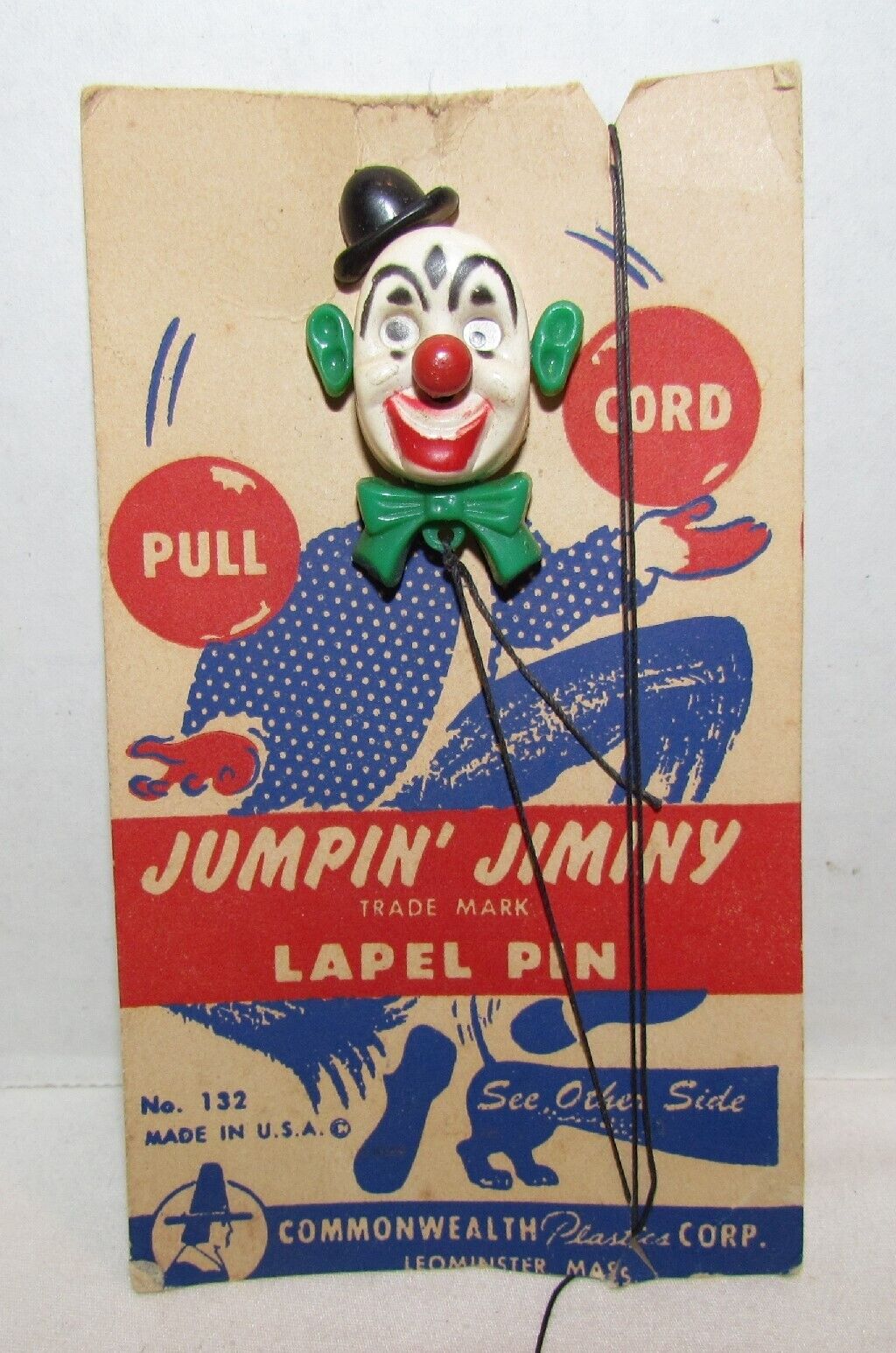 1950s Jumpin' Jiminy Lapel Pin , pull string clown pin, Commonwealth Plastics