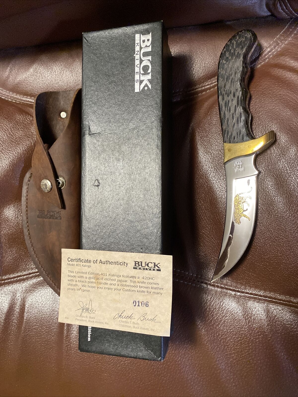 BUCK CUSTOM KNIFE 401 KALINGA  L. Edit. 406/1000 - 420HC-gold Etched Jaguar-2007