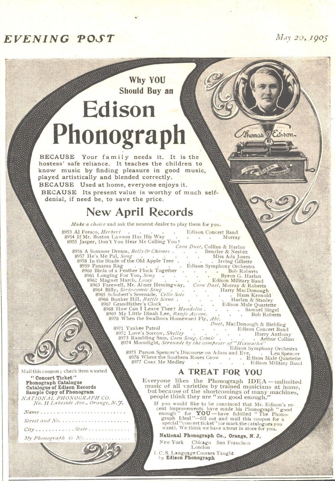 1905 Edison Phonograph Antique Print Ad Why You Should Buy New April Records