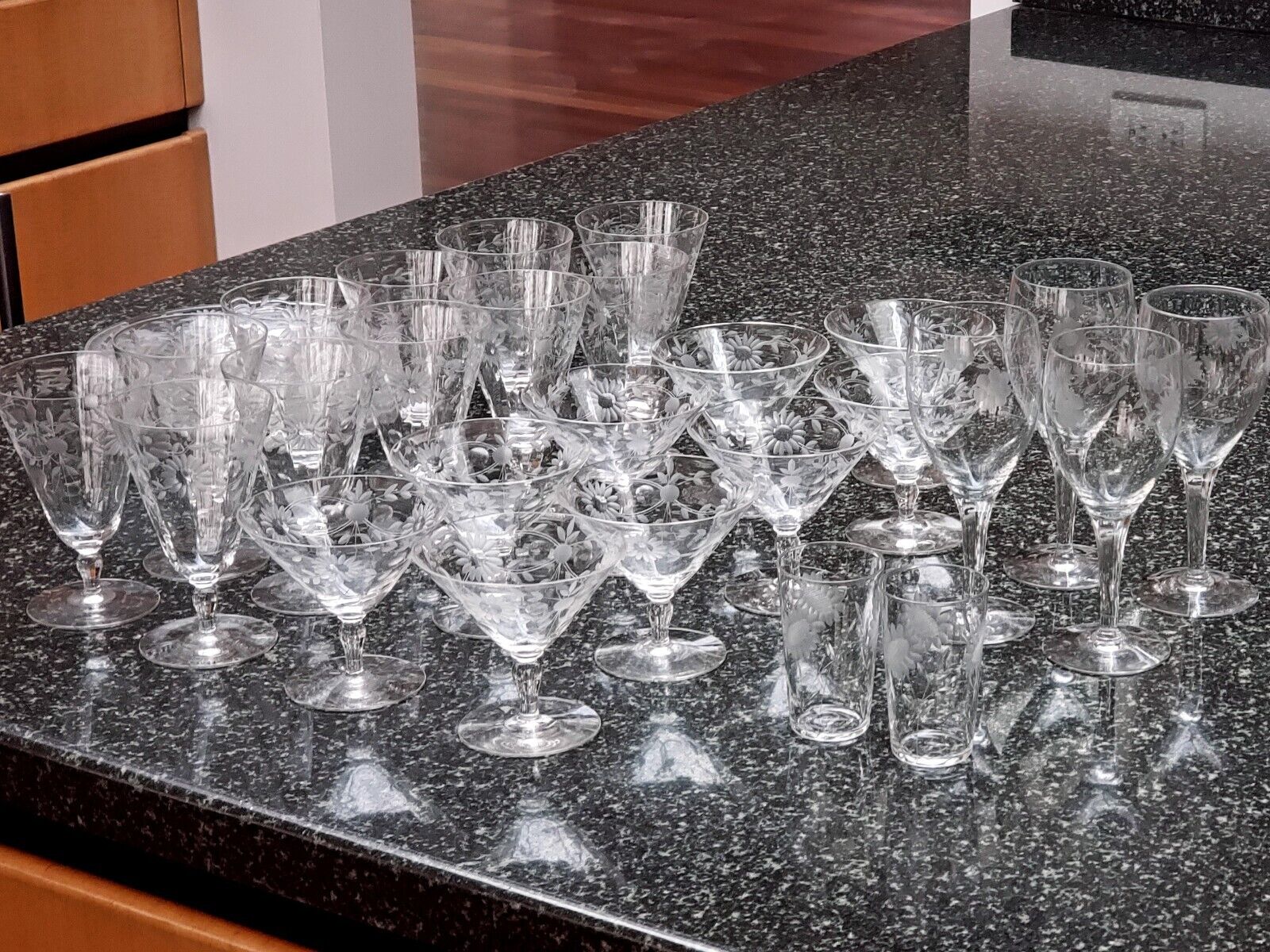 Vintage mcm Glassware and Plate Set Seneca Floral Etched Crystal 33pc Plates 80s