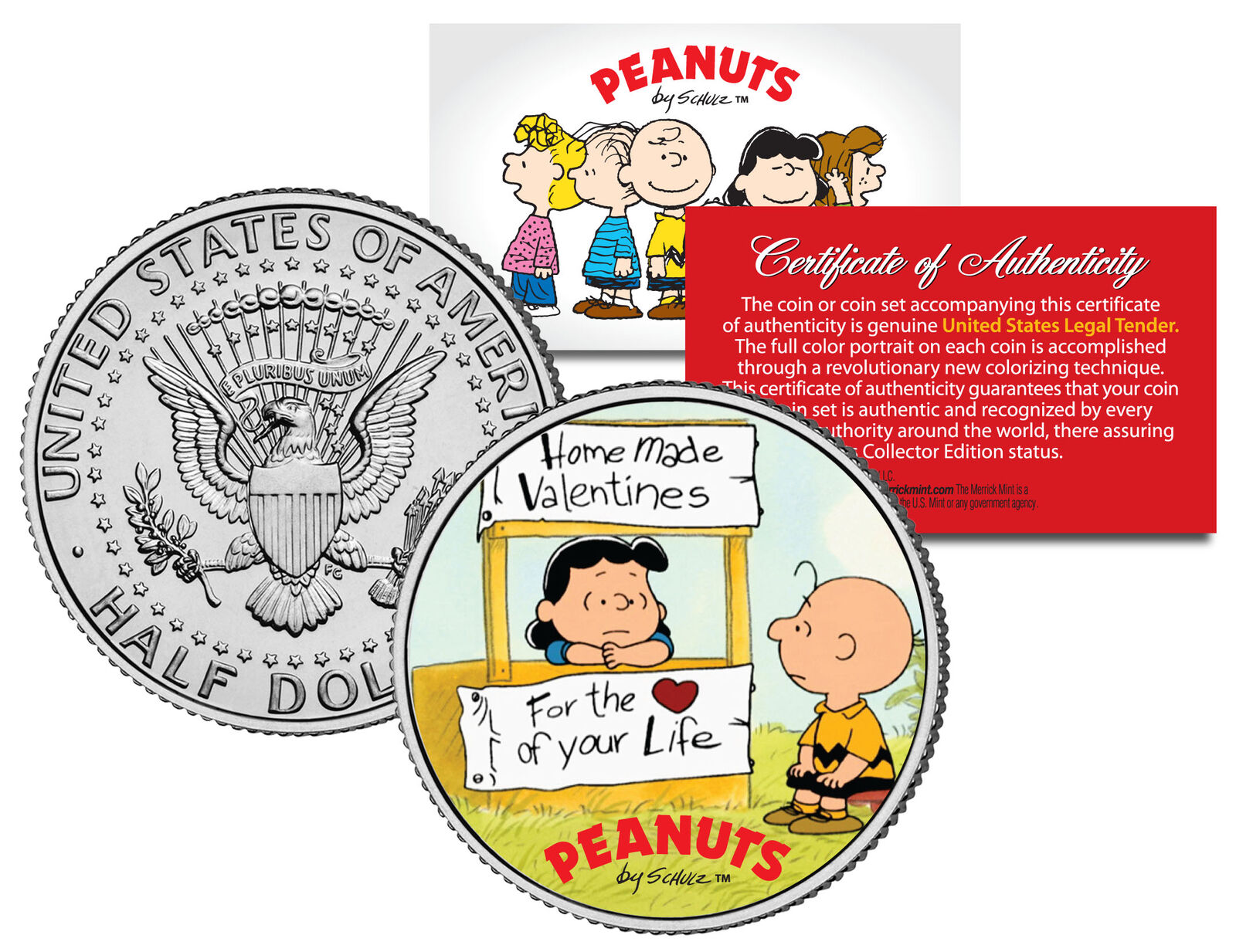 Peanuts VALENTINE'S * Charlie Brown & Lucy * JFK Half Dollar US Coin - Licensed