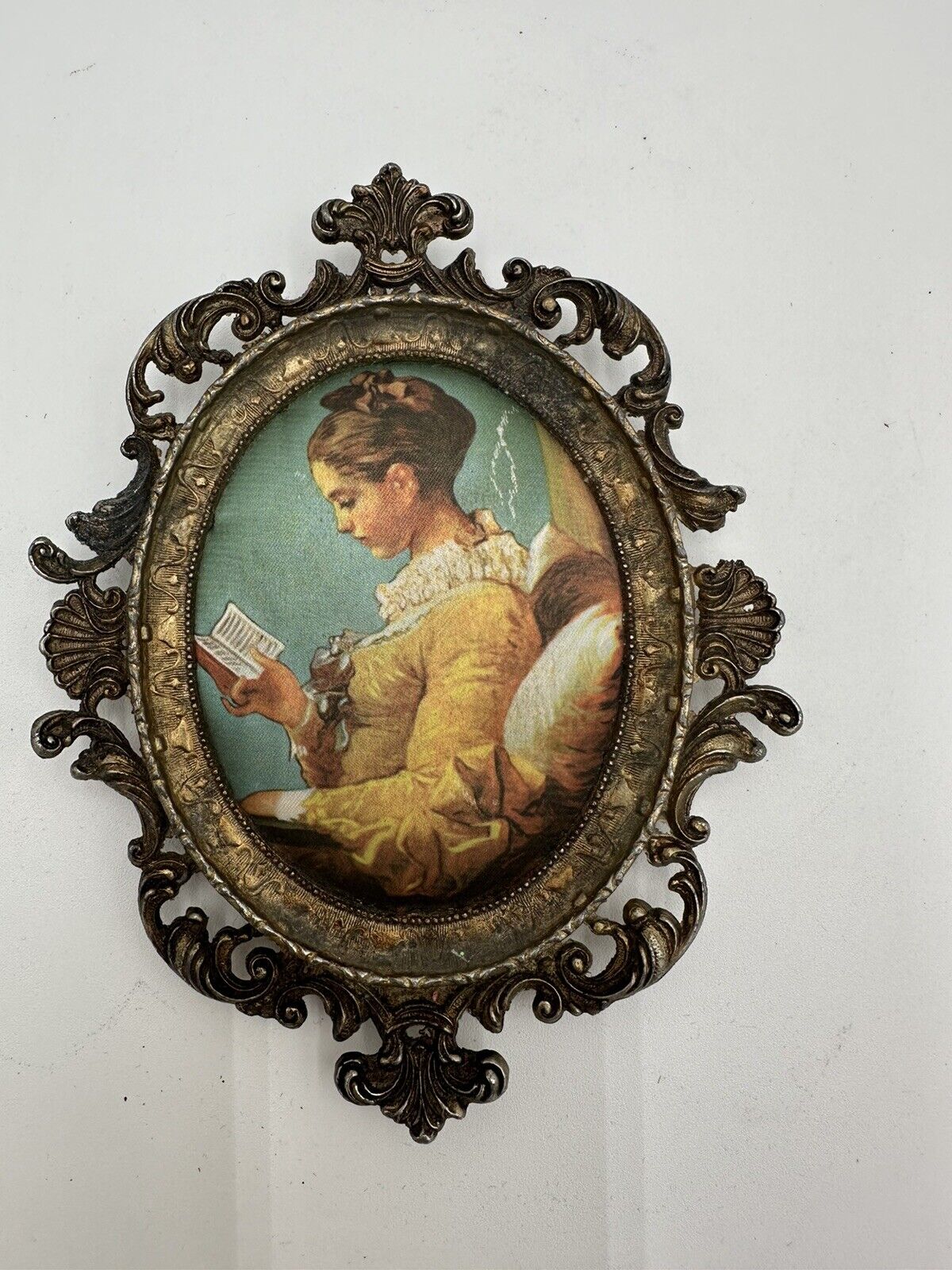 Vintage Ornate Italian Metal-Framed Victorian Painting Wall Hanger Woman Reading