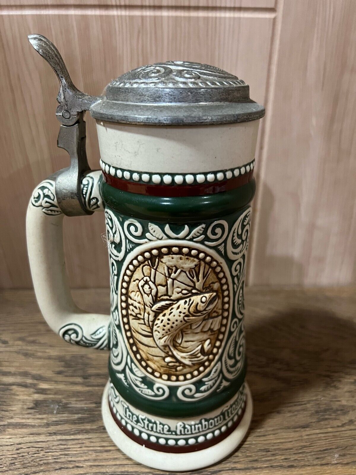 Vintage 1978 Avon Hunting Fishing Beer Stein Porcelain Tin Handcrafted in Brazil