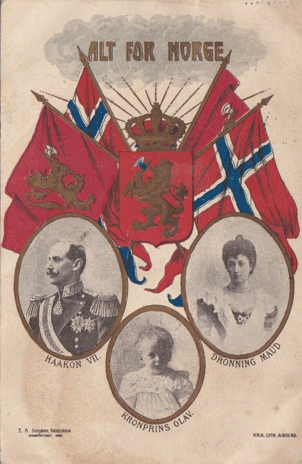 1907 Postcard Queen Maude King Haakon VII Crown Prince Olav ALT FOR NORGE