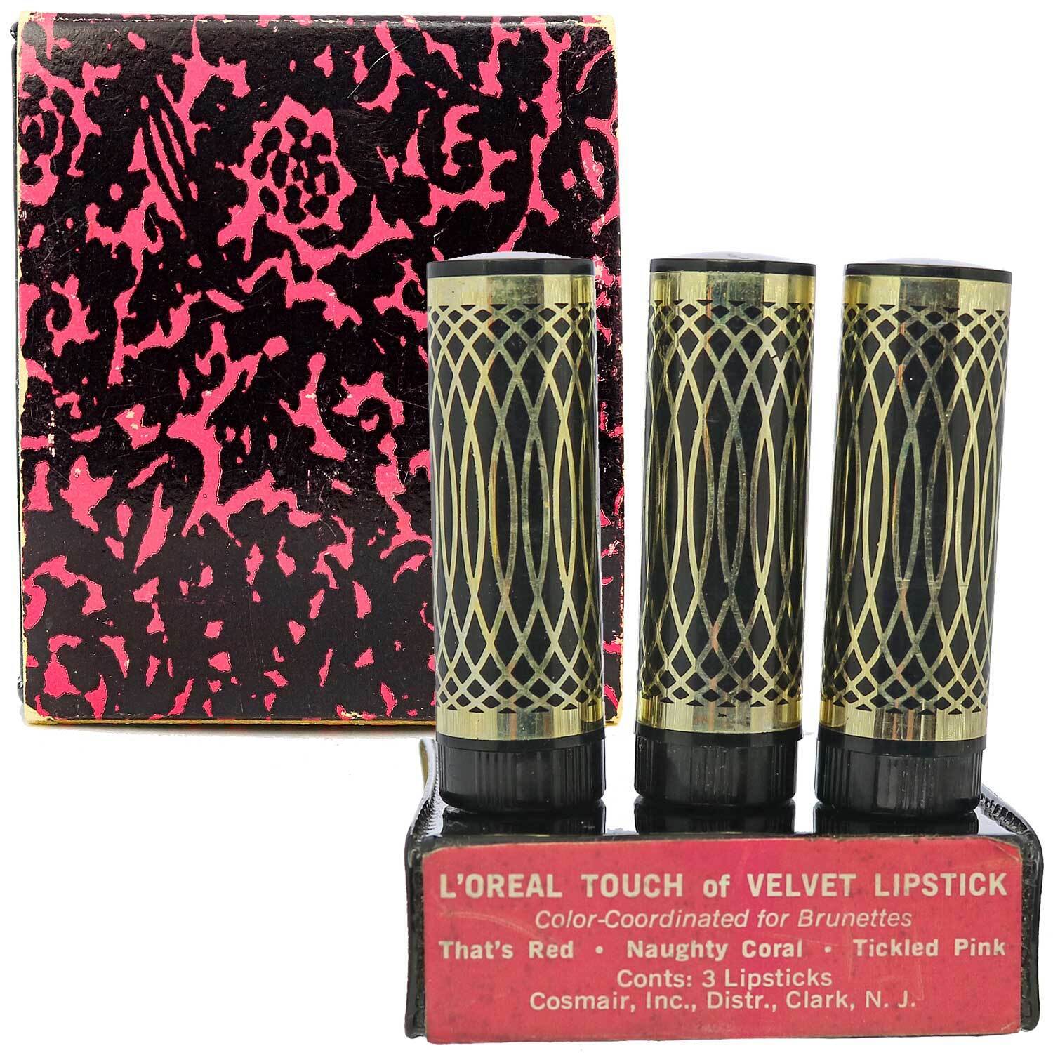 60s Vintage L'Oreal Touch of Velvet 3 Lipstick Set, Vinyl Pouch, Hot Pink Sleeve