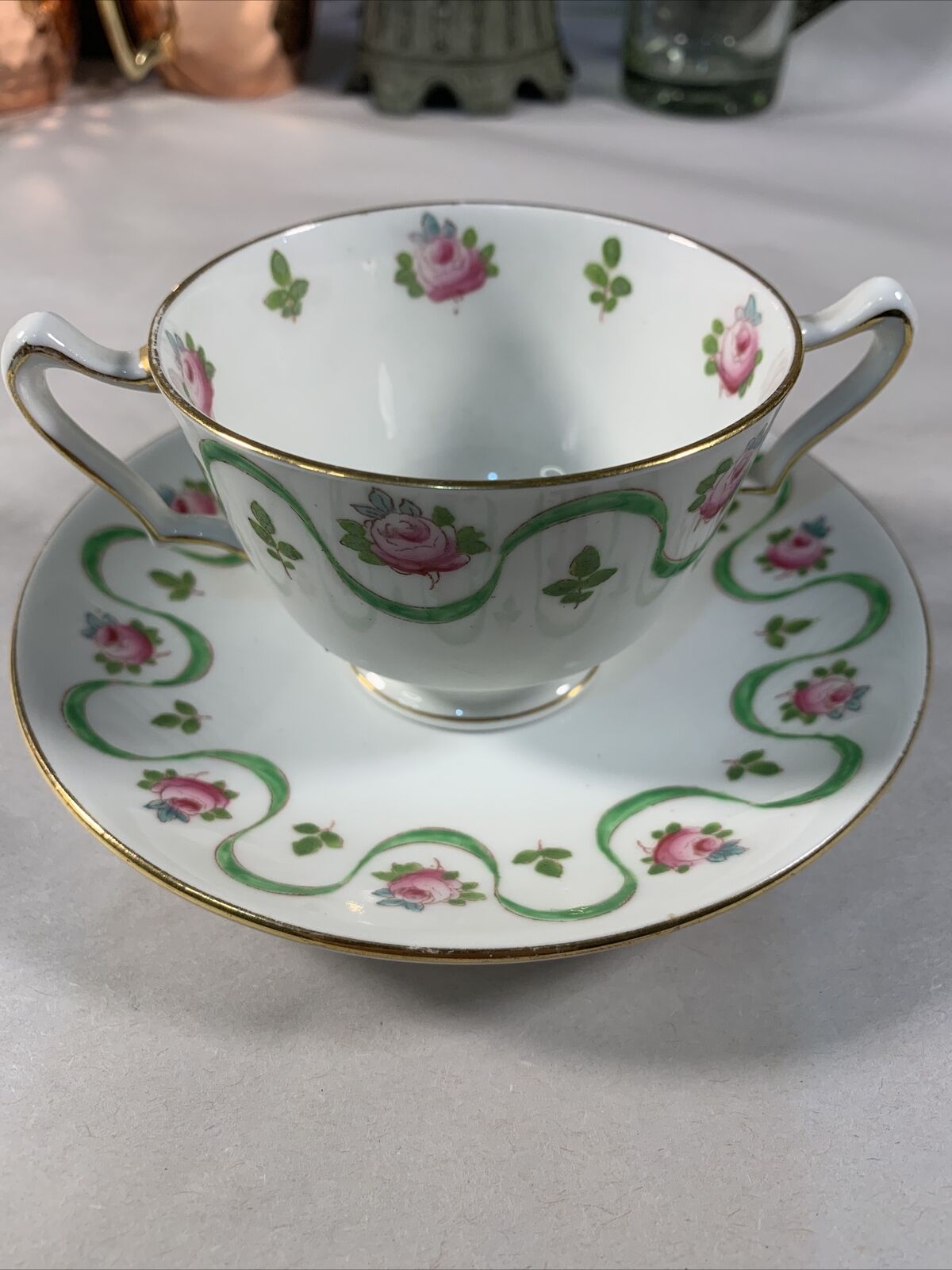 Vintage Crown Staffordshire Double Handled Boullion Cup And Underplate.