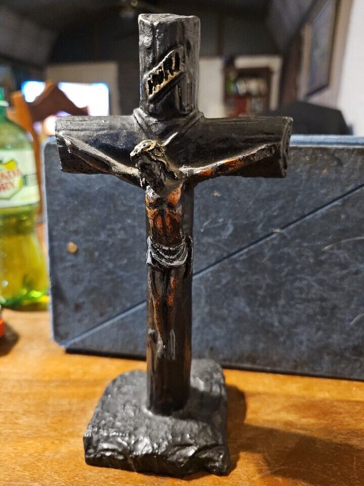 Vintage Coal Mountain coal resin Christian crucifix cross sculpture