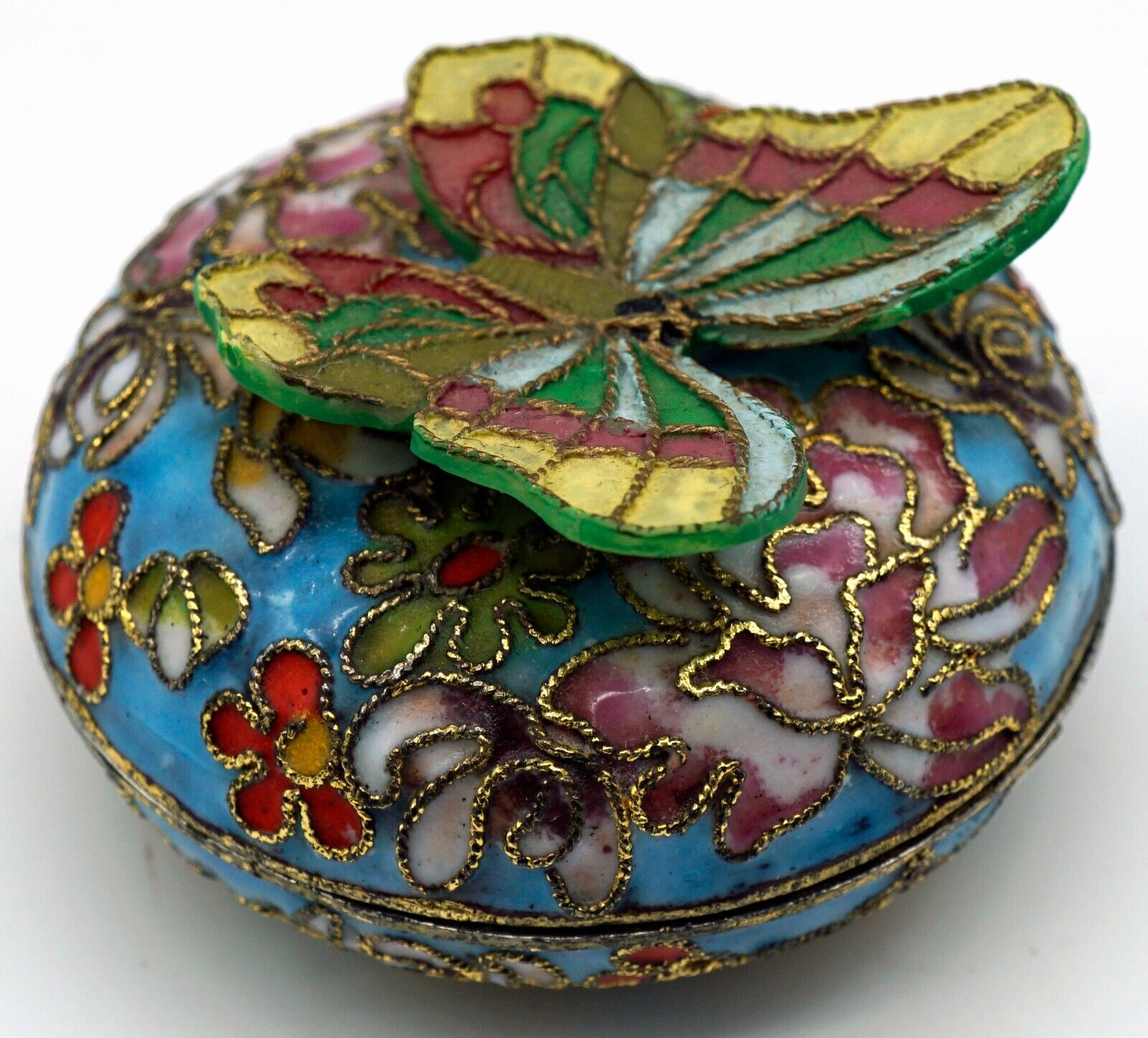 Multicolored Cloisonne Round Trinket Box with Butterfly on Lid