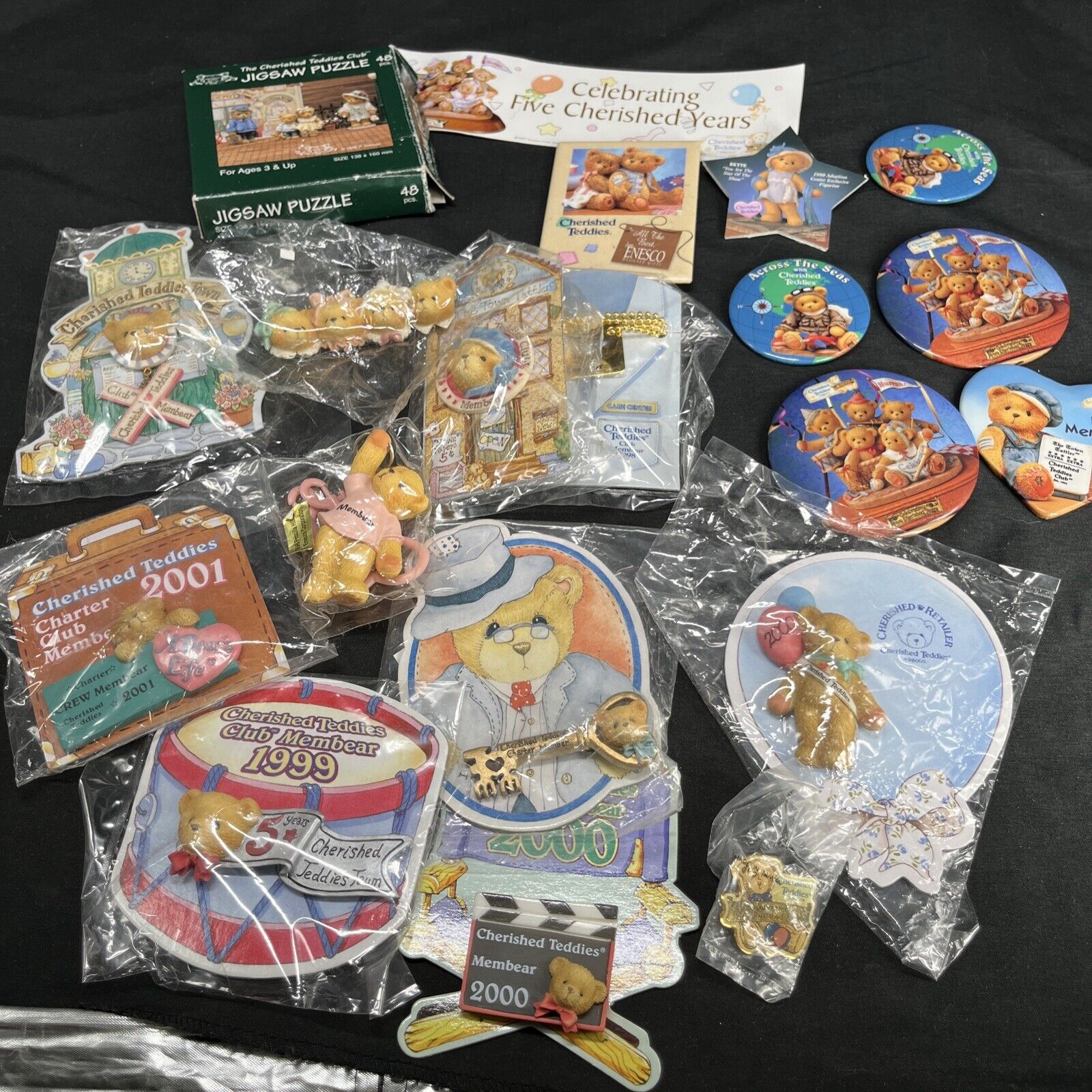 Lot of 17 Cherished Teddies  pins And One Necklace Sticker Puzzle
