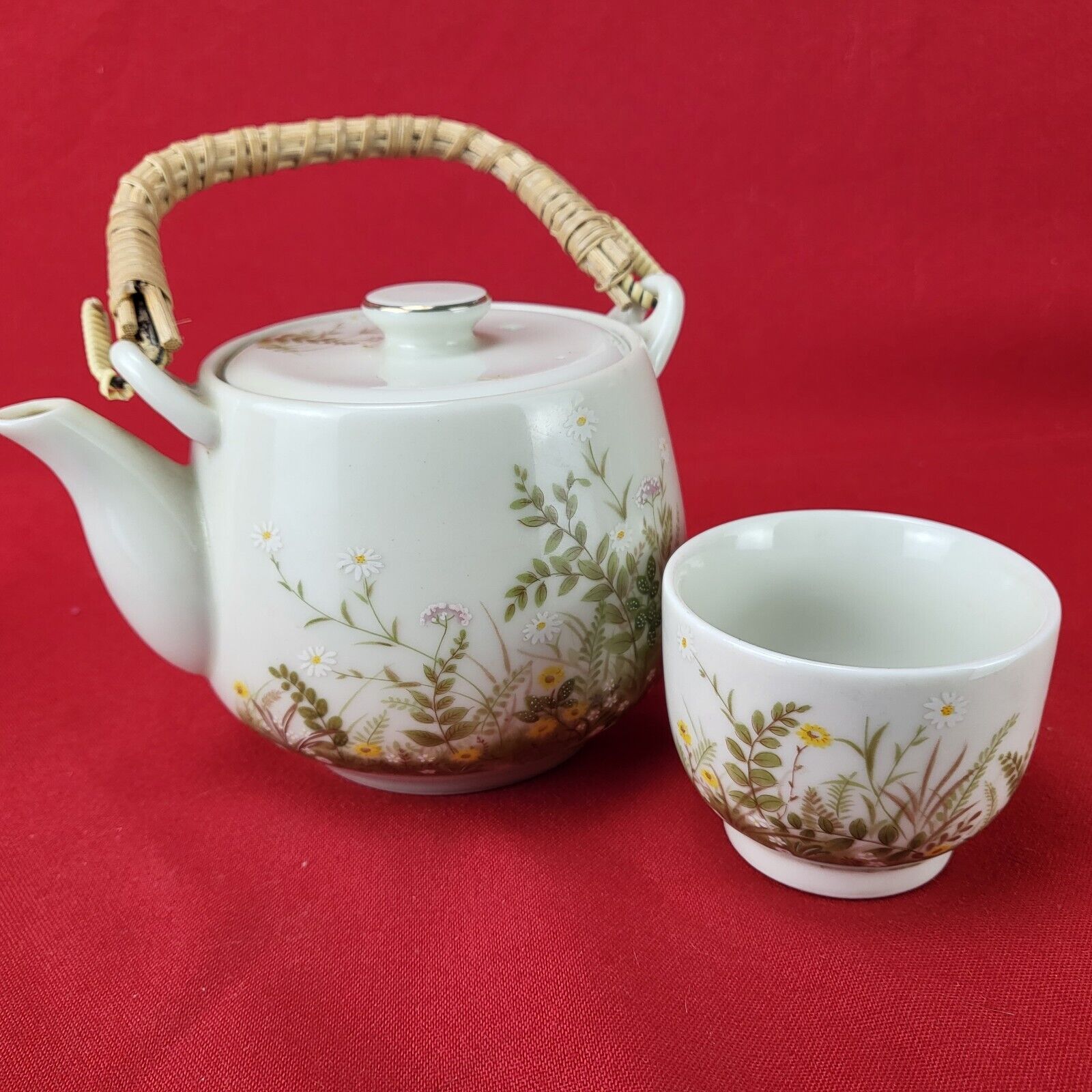 OTAGIRI Vintage Lidded TEAPOT AND CUP TEA SET With Wicker Handle