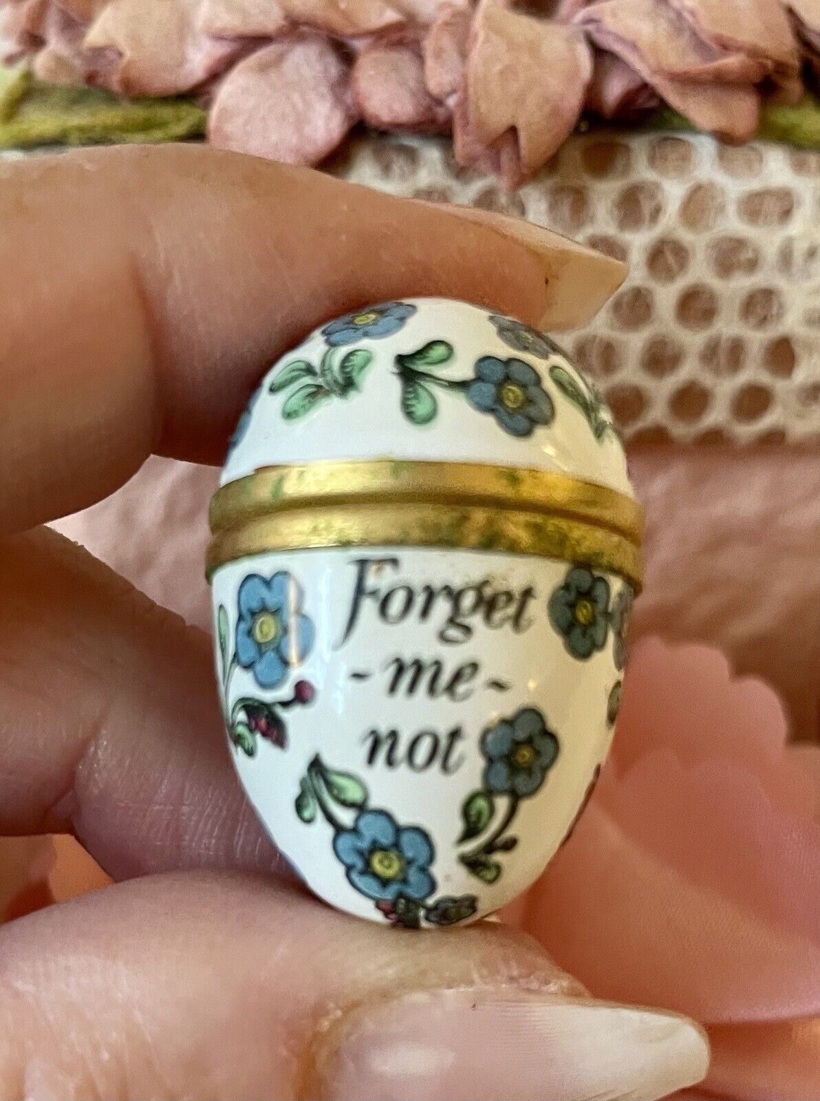 Antique, Victorian Enamel “Forget Me Not” Miniature 2 Piece Egg. England.