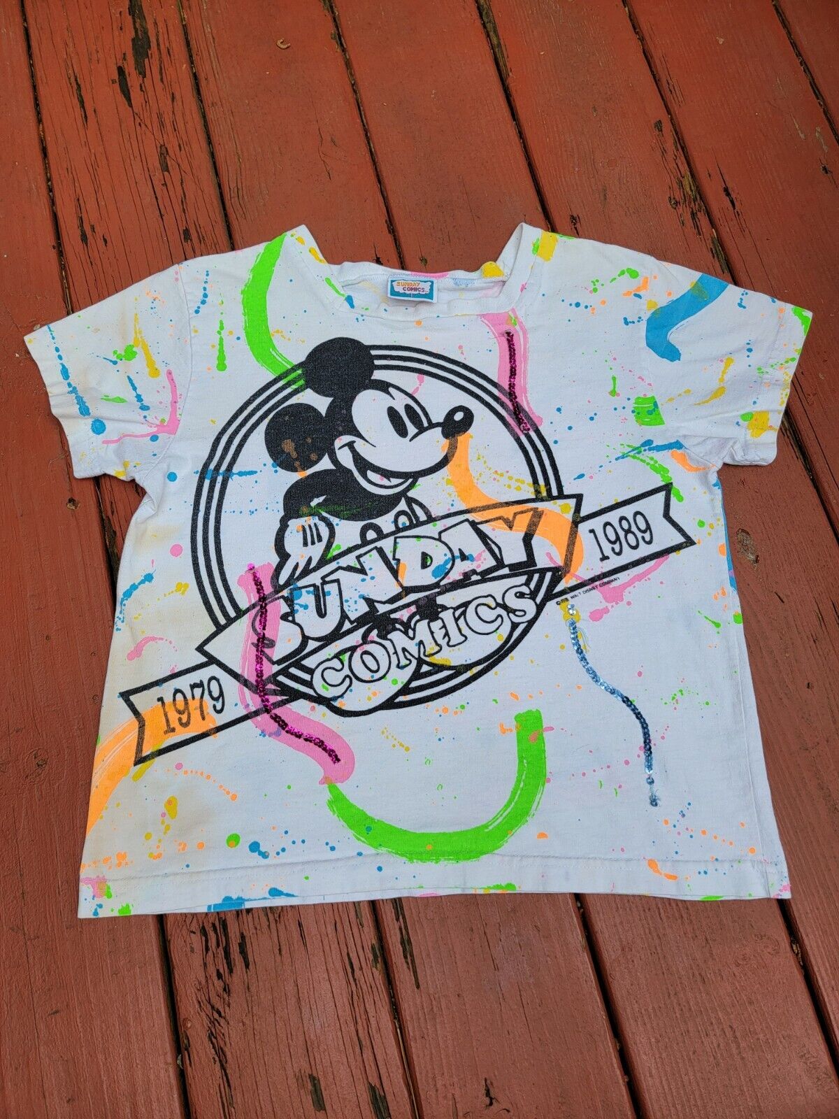 90s Vintage Mickey Mouse T Shirt Womens Size Medium Graffiti Paint Tie Dye