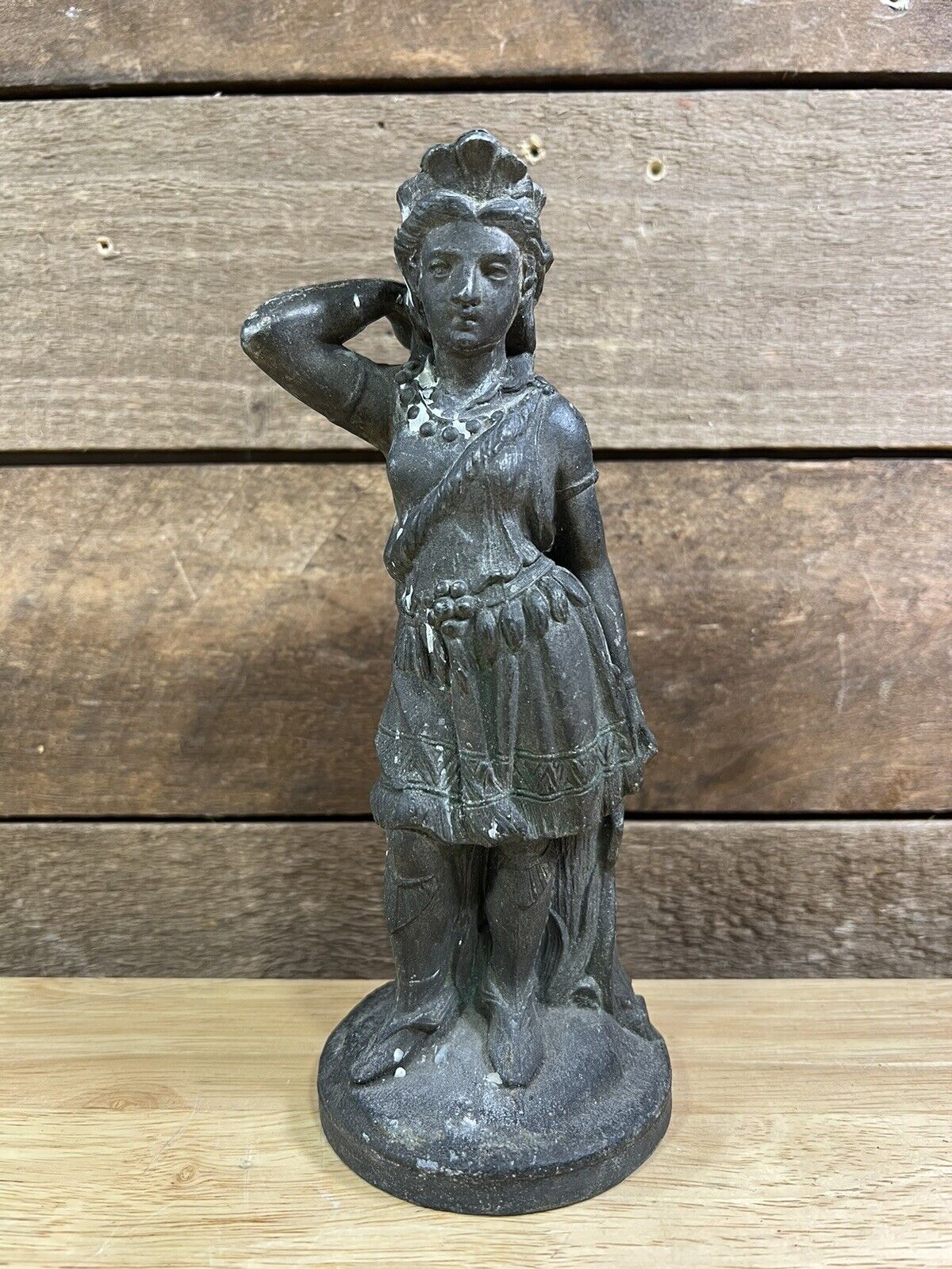 Antique 1880's French hollow cast metal candle holder Native American Huntress