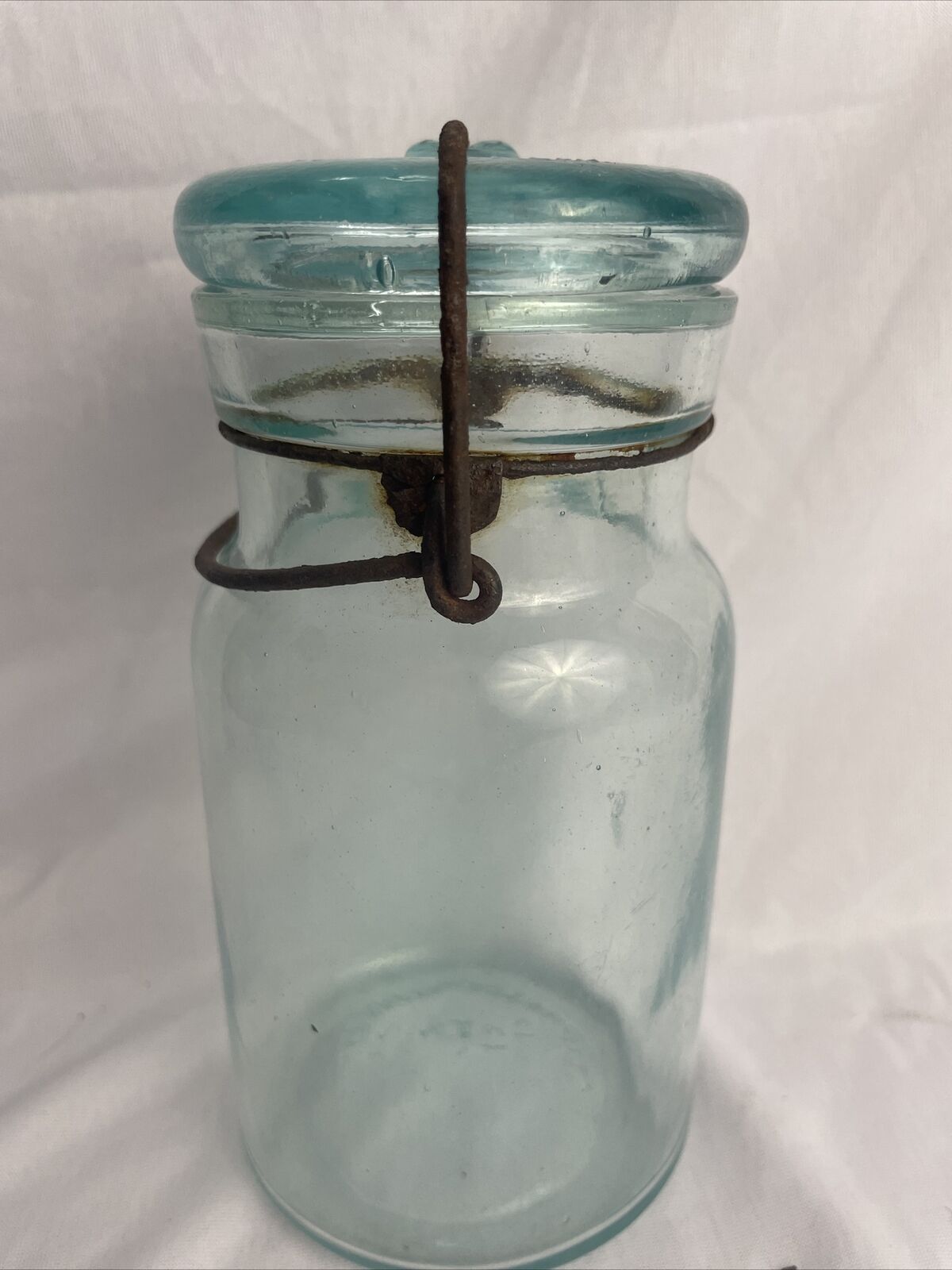 Putnam Trademark Lightning Aqua Glass Mason Jar With Lid 1800’s Beautiful