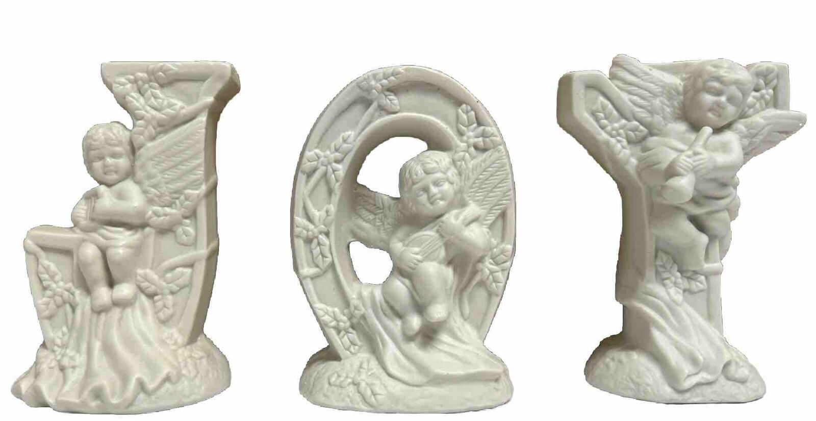 Vintage White Porcelain Bisque Cherubs Spelling Out JOY, Set Of Three,4.5 In Ht