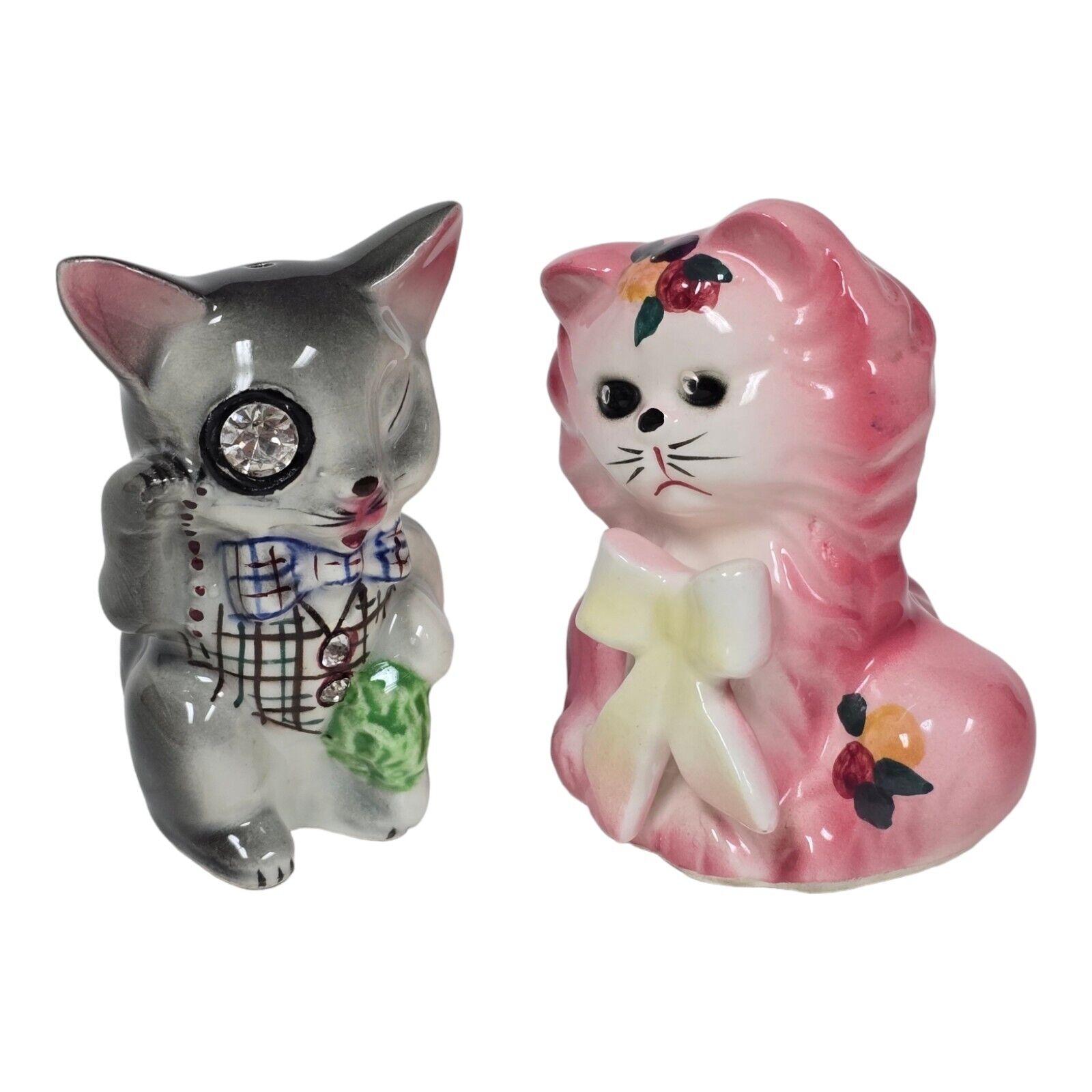Vtg Lefton Anthropomorphic Cats Salt & Pepper Shakers Pink Persian Jeweled Eye