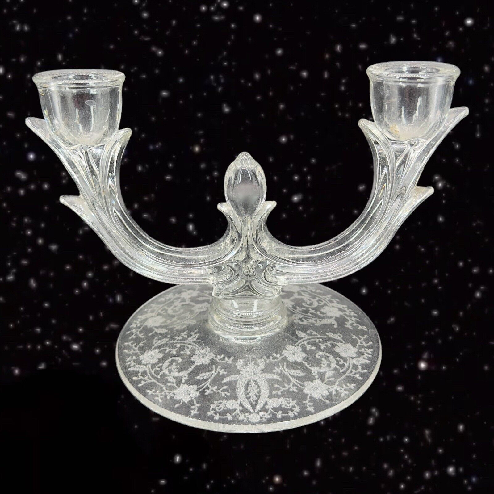 Viking Glass Double Light Candlestick Prelude Etched Clear Crystal 5.5”T 7.5”W