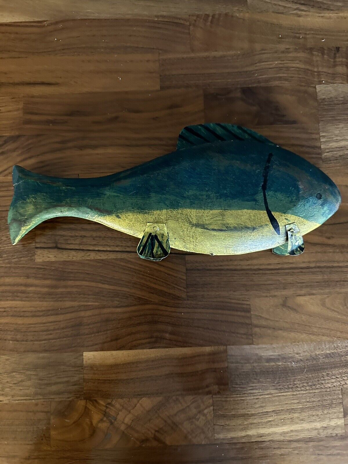 VTG Hand Carved And Painted Wooden Fish Decoy Metal “fins ” 12 Inches Long