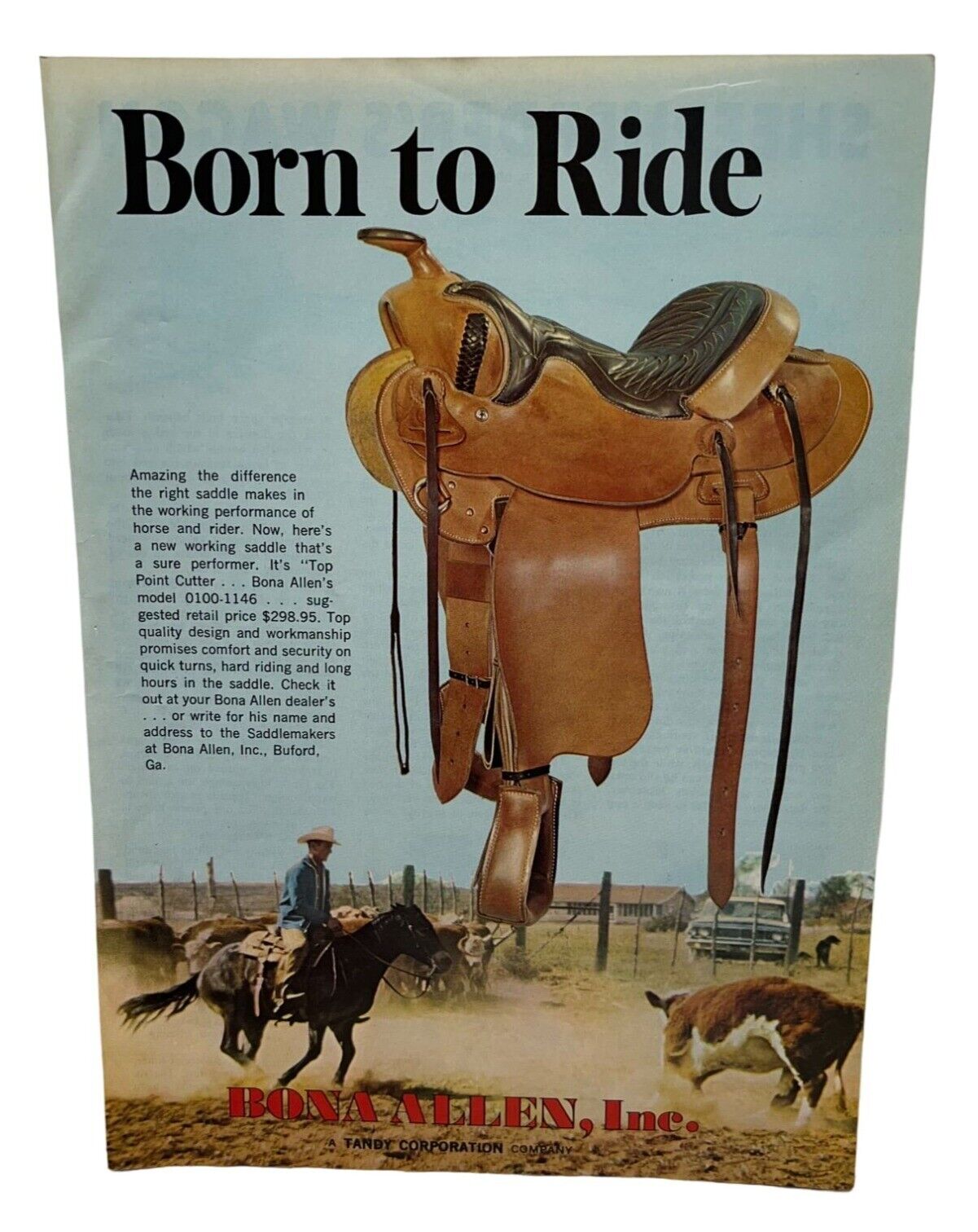 Bona Allen Saddles Print Ad 1970 Vintage Born to Ride Buford GA 70s