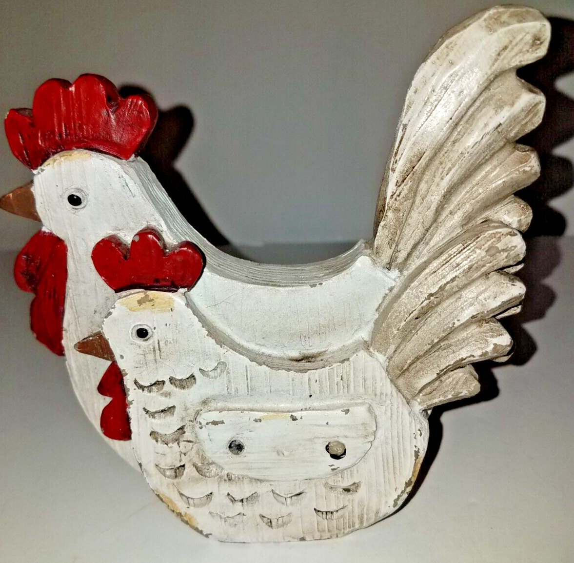 Small Rooster & Chicken Figurine Country Farm House Folk Art Decor Wood-Look