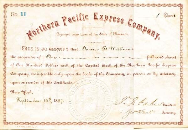 Northern Pacific Express Co. - Stock Certificate - Northern Pacific RR Archives