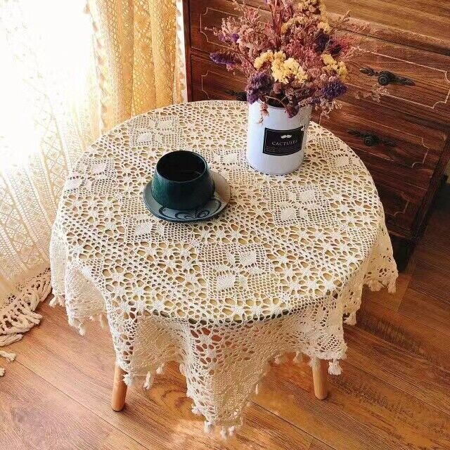 Vintage Hand Crochet Tablecloth Square Lace Table Topper Wedding Decor Floral