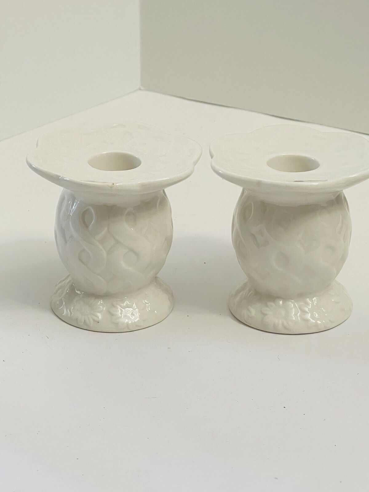Pair White Oleg Cassini Embossed Porcelain Taper Candle Holders Cottage Chic