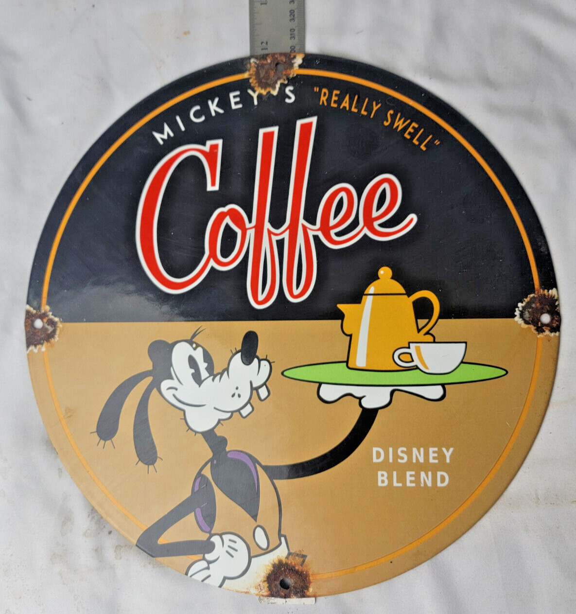 VINTAGE MICKEY'S COFFEE DISNEY PORCELAIN SIGN PUMP PLATE GAS STATION OIL SERVICE