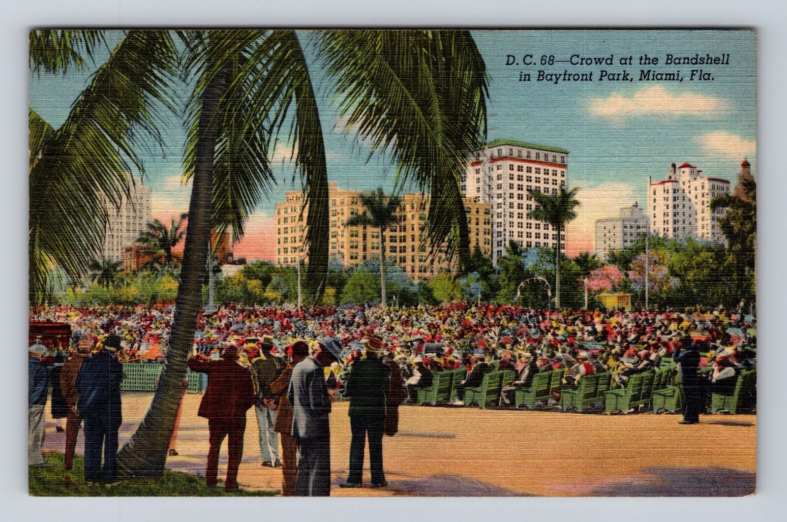Miami FL-Florida, Crowd At Bandshell In Bayfront Park, Vintage c1945 Postcard