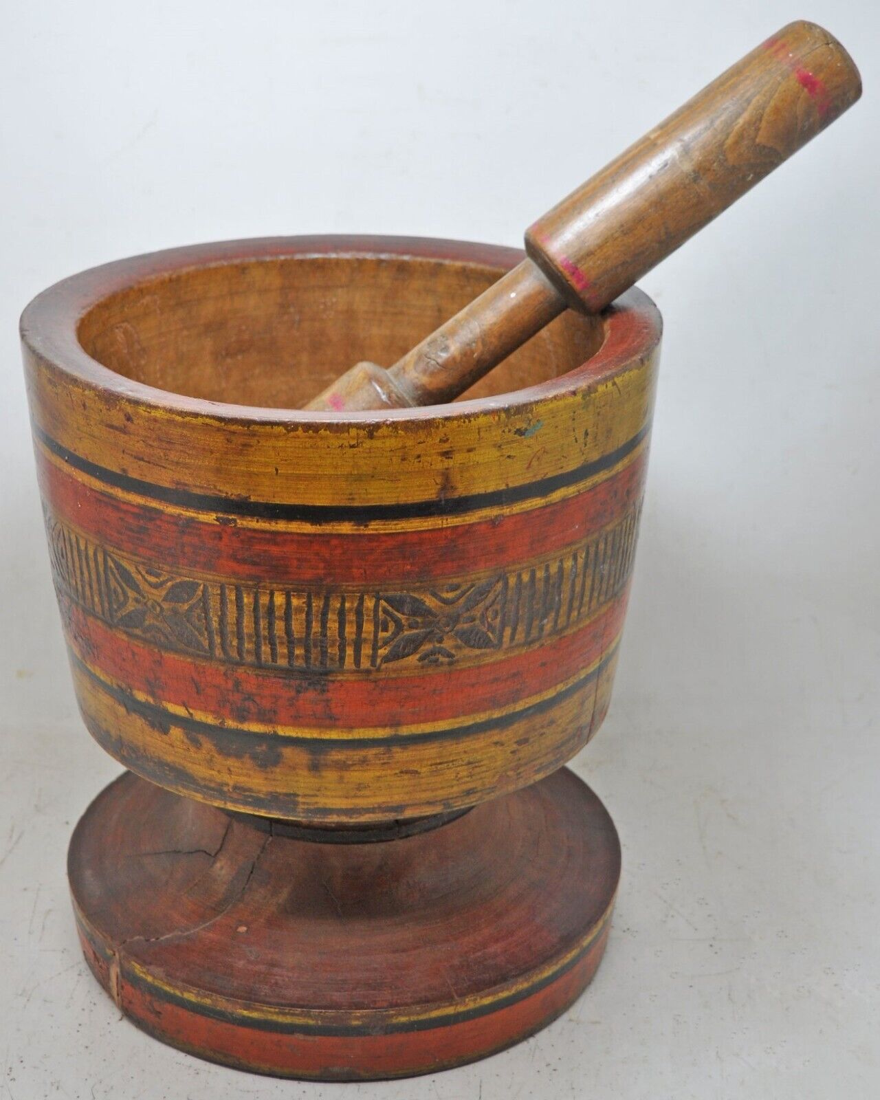 Antique Wooden Large Grains Grinding Mortar and Pestle Original Old Hand Carved