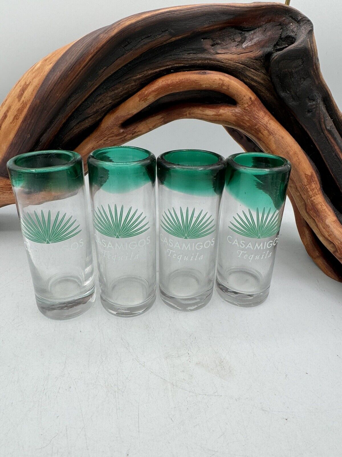 CASAMIGOS TEQUILA Lot of 4 Shot Glasses Clear with Green Rim 3oz  No Flaws
