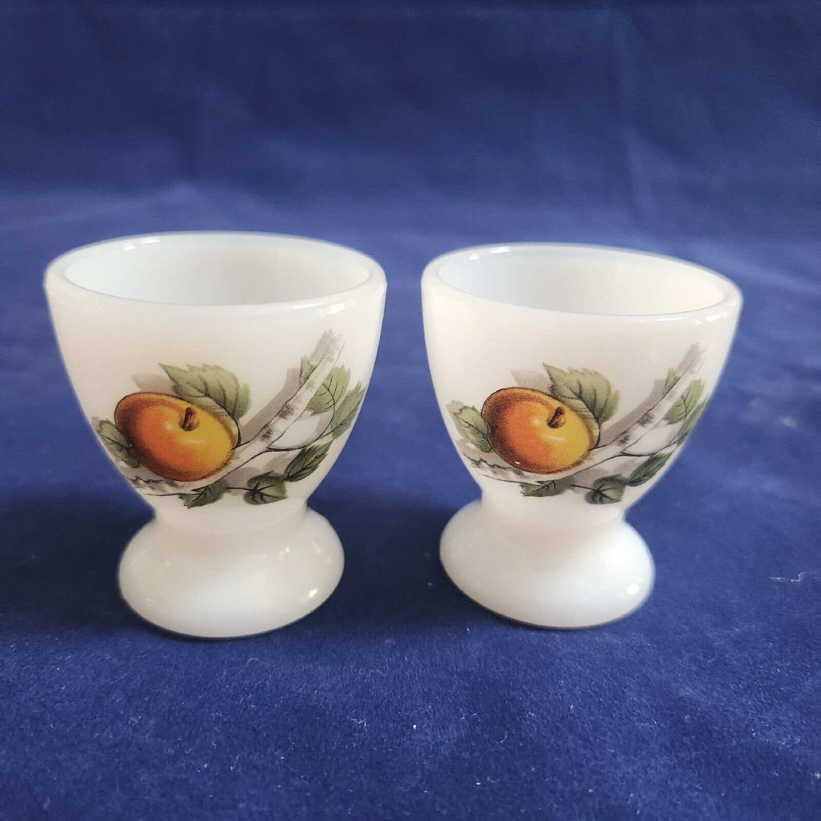 Vintage Arcopal France Egg Cups Milk Glass Fruit Peach Apple Tree Branch Leaves