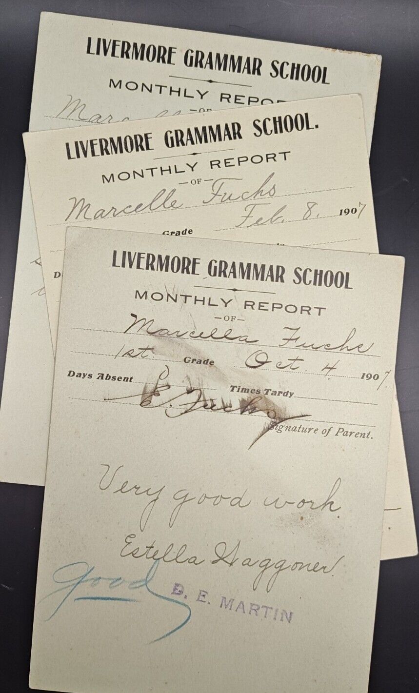 Vintage Report Cards (x3) Antique Grammar School Ephemera Livermore, CA 1907