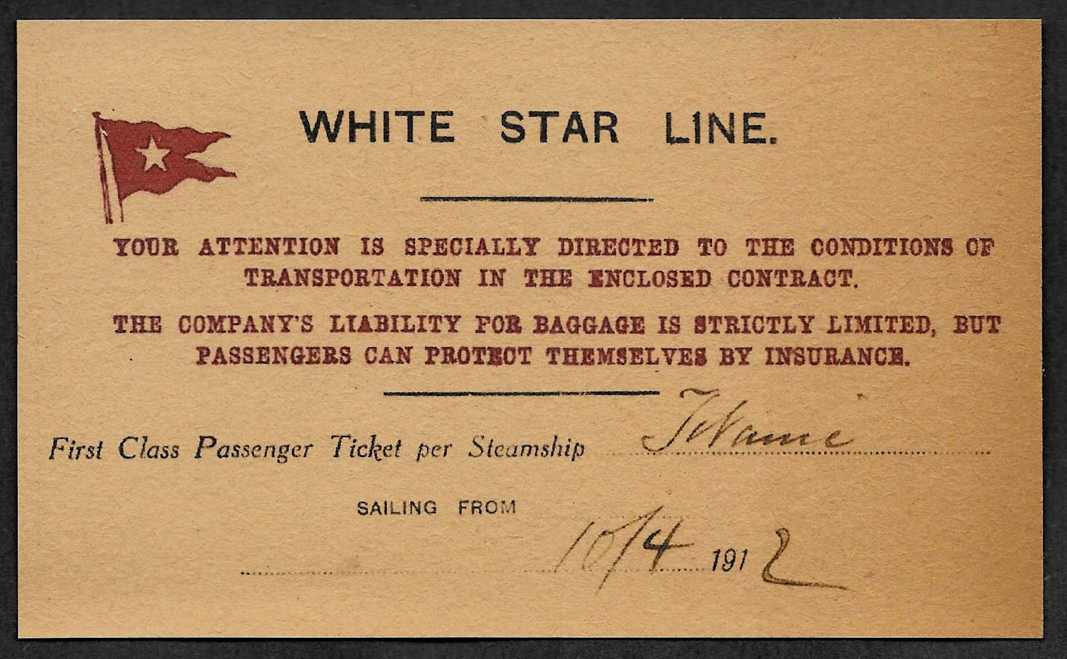 Titanic White Star Line Reprint Ticket On Original Period 1912 Paper *001