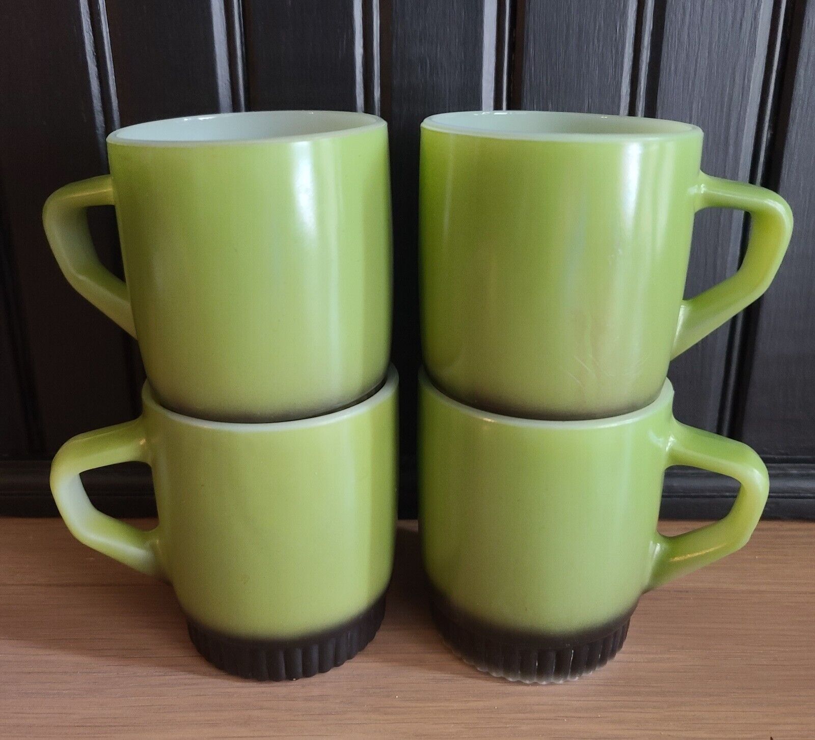 Vintage Fire King Retro Avocado Green/Black Stacking Mug Coffee Cups ~ Set of 4