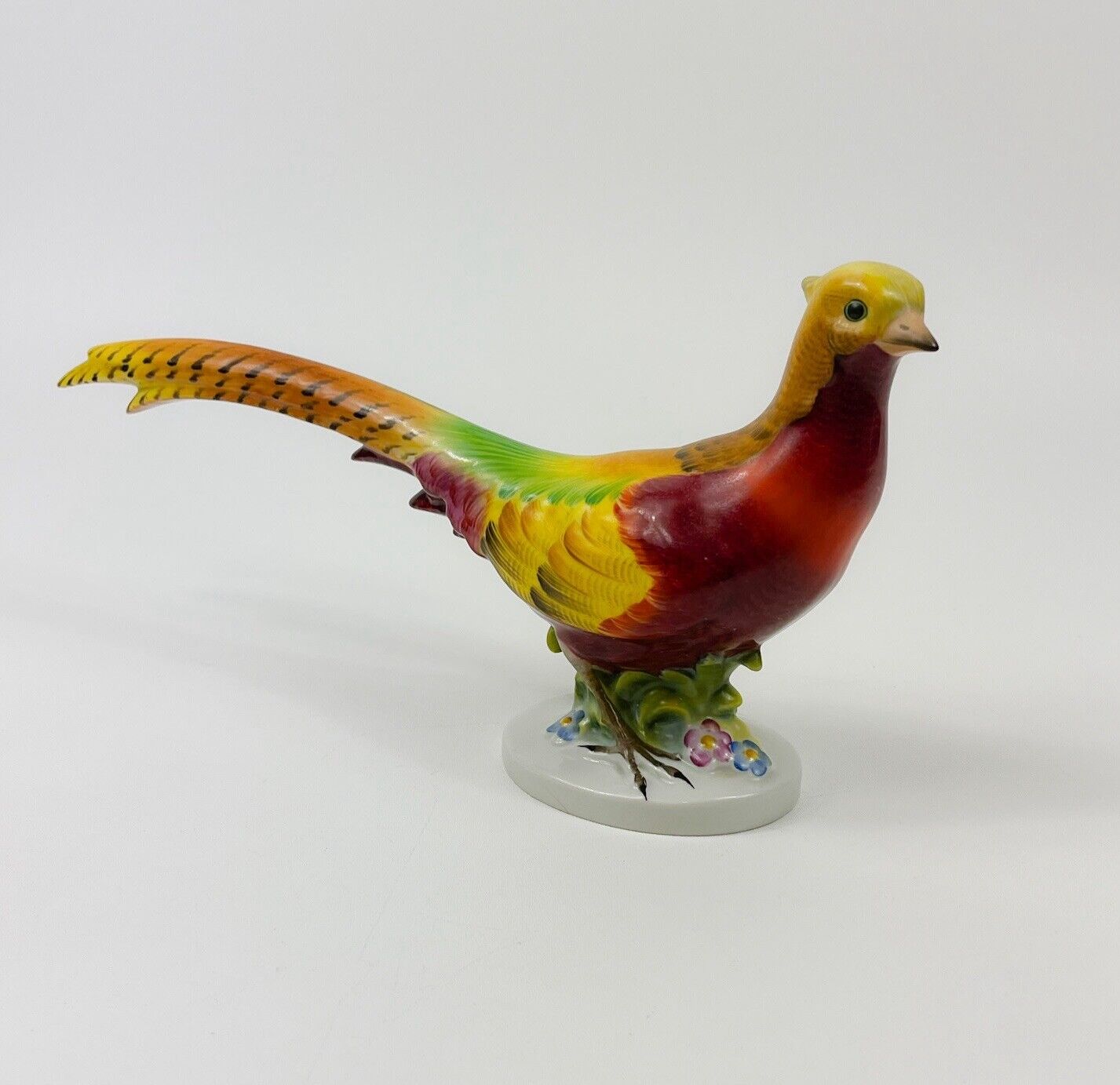 Herend Golden Pheasant Figurine Standing Over Flowers Hand Painted Hungary READ