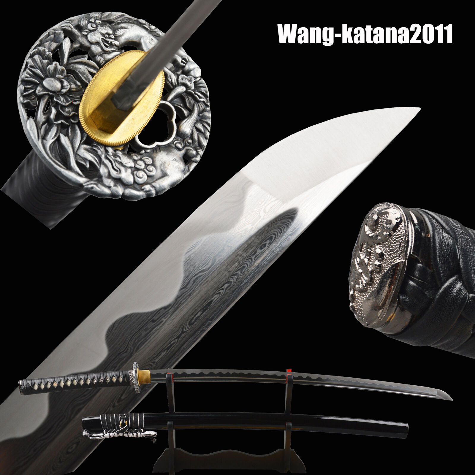 Cool Black Japanese Samurai Katana Sword Damascus Folded Steel Present